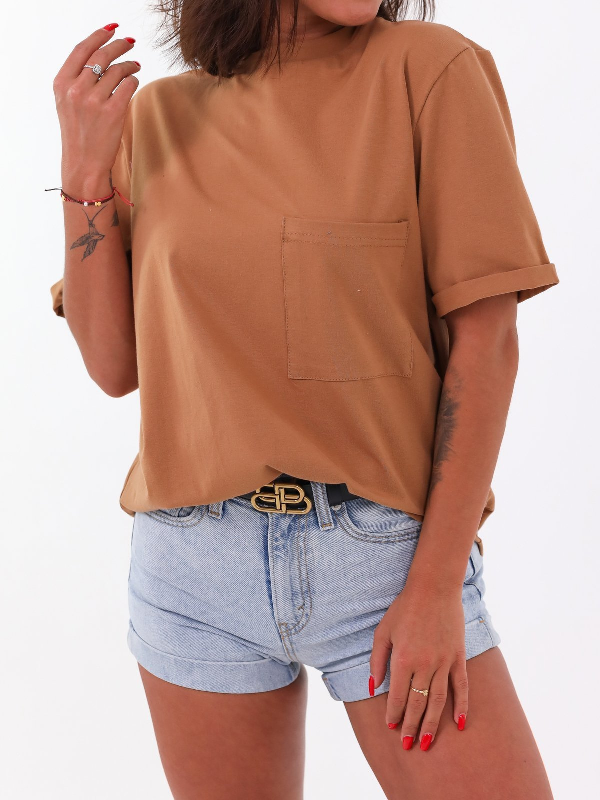 Basic bawełniana bluzka t-shirt z kieszonką oversize camel b117 kk01