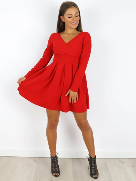 ELEGANCKA ROZKLOSZOWANA SUKIENKA KOPERTOWA czerwona X164 k01