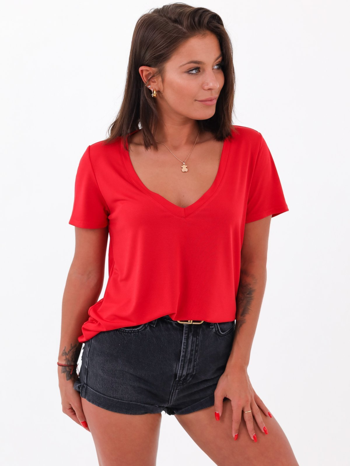Luźna bluzka z dekoltem v oversize czerwona b121 k01