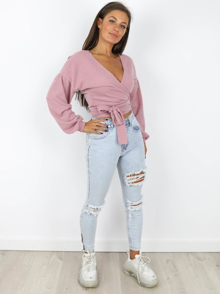 SWETER PRZEKŁADANY WIĄZANY DEKOLT OVERSIZE brudny róż X172 d01