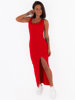 Бавовняна довга максі сукня з розрізом в рубчик червоний C215